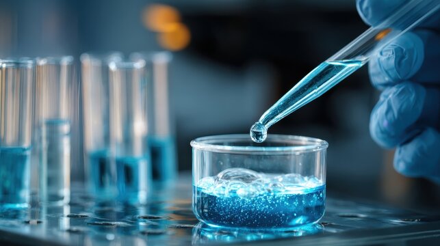 Laboratory Scene with Scientist Using Pipette to Transfer Blue Liquid from Test Tube to Beaker in a Modern Research Facility