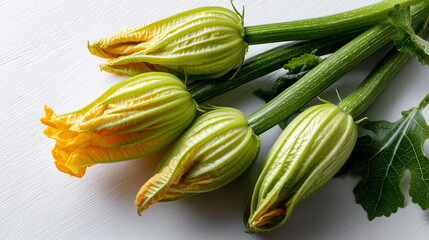 . Close-up zucchini arranged aesthetically with blossoms and leaves on minimal white table, soft shadow, natural daylight,