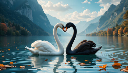 Obraz premium Romantic white and black swans form a heart on a tranquil lake with mountains