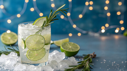 Invigorating lime cocktail with rosemary garnish perfect for summer refreshment and festive celebrations, sparkling lights create a joyful ambiance
