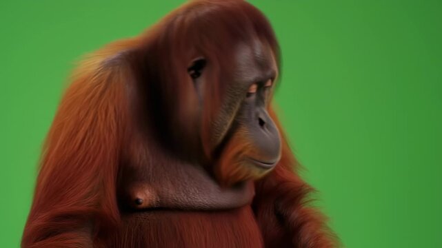 Portrait of an ape, with reddish fur, in front of a green screen. Looking slightly to the side