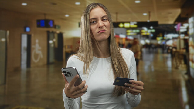 Woman holding smartphone and creditcard with hands visible at busy airport terminal, checking card details; payment problem frustration.