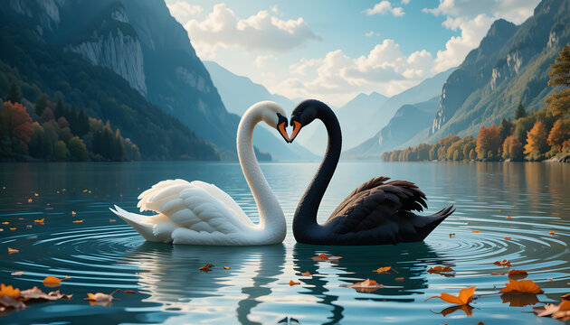 Romantic white and black swans form a heart on a tranquil lake with mountains - Powered by Adobe