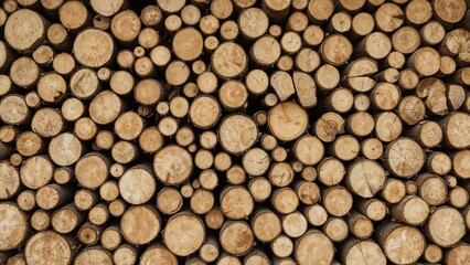 Pile of cut wood logs stacked together, showing various sizes and textures.