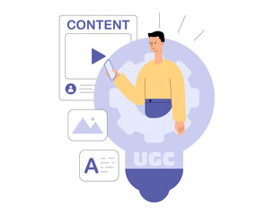 UGC concept. User generated content. Social media marketing. Character creating content in social media or website. Flat vector illustration for website, landing page, mobile app, poster and banner