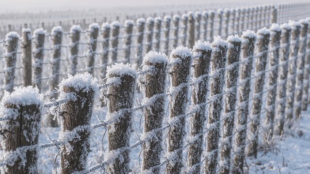 A snow-covered vineyard fence with wooden posts and wire, showcasing a winter scene.