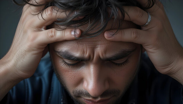 Closeup of a stressed man holding his head in his hands, expressing pain or anxiety