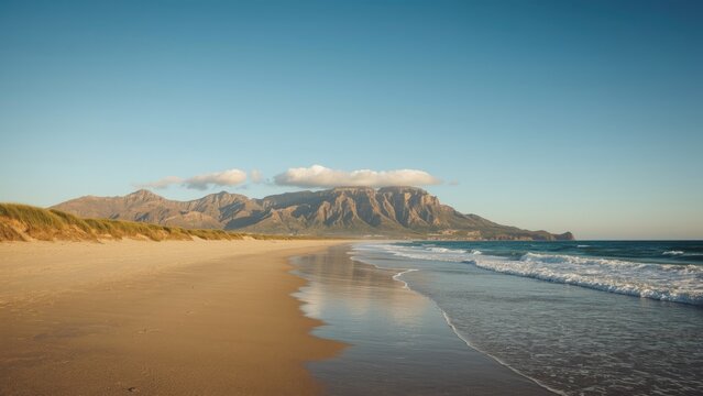 A serene beach scene with mountains in the background and clouds over the landscape. Coastal view during daylight hours.