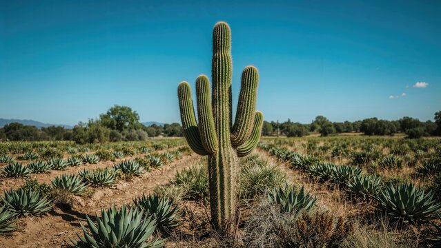 A tall cactus standing among rows of agave plants in a desert landscape under a clear blue sky.