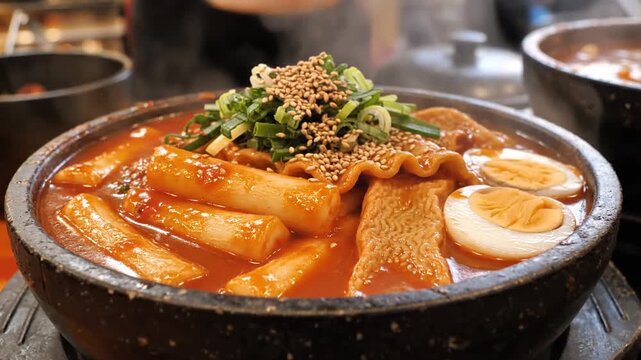 Close Up of Korean Spicy Rice Cakes with Fish Cakes Eggs Scallions and Sesame Seeds in Stone Bowl