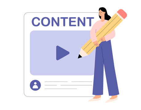 UGC concept. User generated content. Social media marketing. Character creating content in social media or website. Flat vector illustration for website, landing page, mobile app, poster and banner