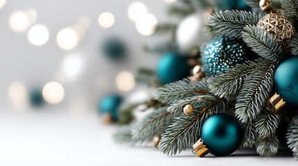 Close-up premium Christmas composition designed with rule of thirds and golden ratio. A lush, detailed pine tree branch in the foreground with rich macro texture, decorated with el
