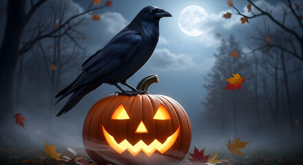 Glowing jack-o'-lantern with perched raven in misty forest under full moon, Halloween night ambiance