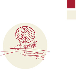 Hand-drawn style, Folk-style village decorative vector illustration line art