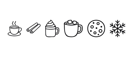 Naklejka premium Collection of simple line icons representing hot drinks, cinnamon sticks, a cookie, and a snowflake for winter or holiday themes.