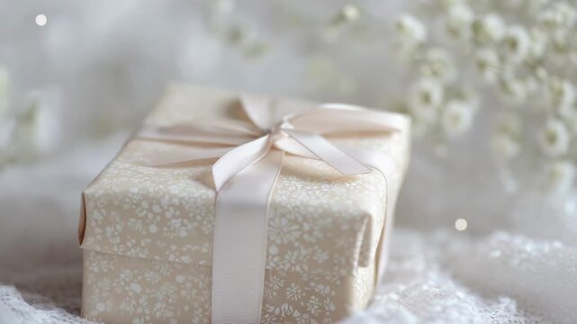 A small gift box tied with a ribbon and placed on a lace tablecloth, perfect for special occasions