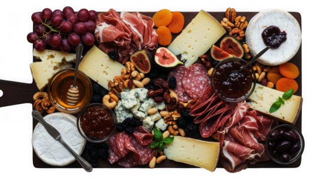 Gourmet charcuterie board with cheese, meat, fruit, and nuts isolated on transparent background