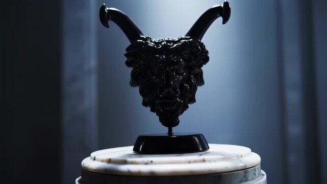 A dark, polished sculpture of a goat-like head with large curved horns, on a marble base