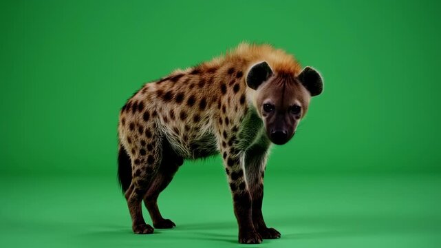 A hyena stands in a studio with a green screen background, facing the viewer. Its spotted coat is visible