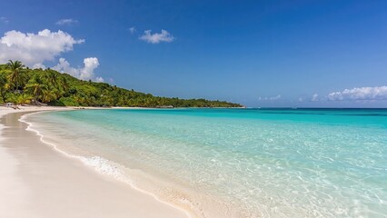 Tropical beach with white sand, turquoise water, and lush green hills under a blue sky with clouds.