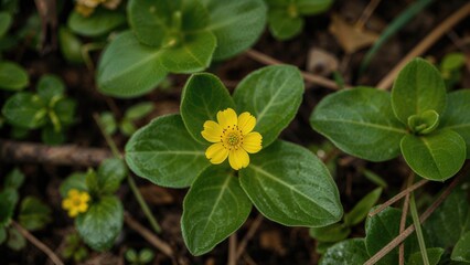 Small yellow flower blooming among green leaves in natural outdoor setting.