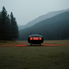 Futuristic Caravan in Misty Forest Landscape at Dusk