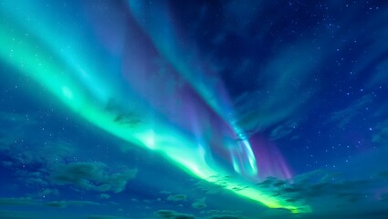 Vibrant green and purple aurora borealis dancing across a starry night sky above a cloudy horizon