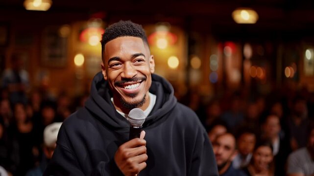young man stands on stage in front of an audience, holding a microphone, performing at a late-night comedy show at a popular bar. The audience laughs and enjoys the performance