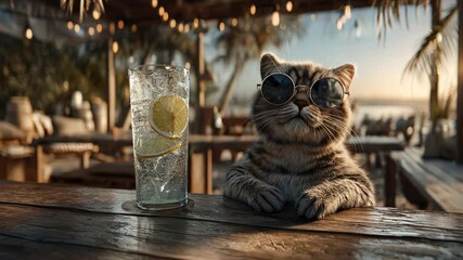 Calm tabby feline with sunglasses lounges beside ice and lemon drink
