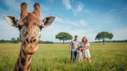 A close-up of a giraffe's face with a family in the background in a grassy field with trees and a blue sky, titled 10164