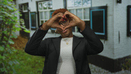 Woman making heart gesture with hands at building entrance outdoors by white brick house windows...