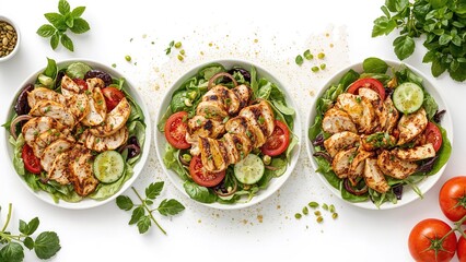 Three bowls of grilled chicken salad with fresh vegetables, herbs, and cucumbers arranged on a white background.