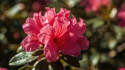 Obraz premium Pink flower bloom with green leaves, close-up photograph.