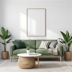 Elegant Living Room Interior with Green Sofa and Blank Frame Mockup