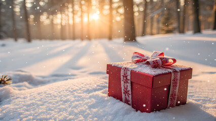 Magical Christmas morning with red gift box glistening in the fresh winter snow under the sunlight, a symbol of holiday joy and festive cheer