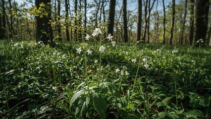 Obraz premium A forest scene with white flowers blooming among green foliage, during springtime with trees in the background.