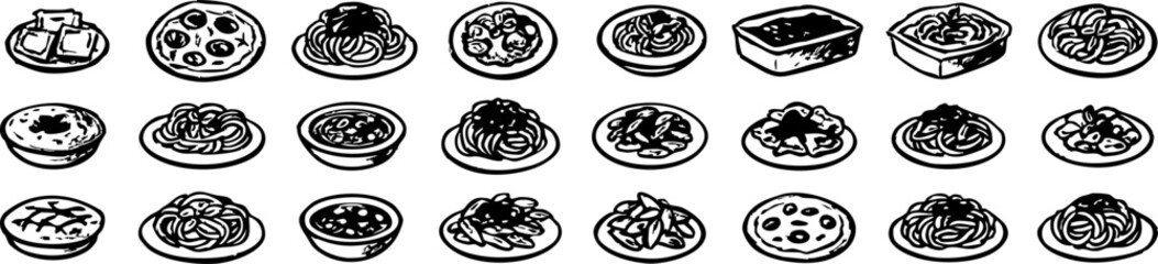 Hand-drawn Italian food doodles in black ink, featuring pasta dishes, pizza, lasagna, sauces and appetizers in simple sketch style on a transparent background
