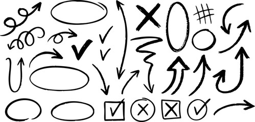 Hand-drawn arrows and marks doodle set in black ink, featuring circles, checks, crosses, swooshes and sketch symbols on a transparent background for notes and highlights © thebeststocker