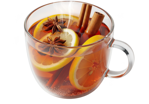 Hot spiced tea or mulled wine in a clear glass mug with lemon slice, star anise, and cinnamon stick isolated on transparent background