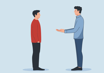 Fototapeta premium Two men facing each other in discussion one with hands in pockets and the other gesturing with open palm minimal flat vector illustration communication interaction concept