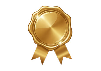 Shiny golden wax seal with ribbon isolated on transparent background for award certificate or official document certification