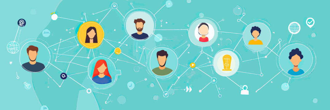 Flat vector illustration of diverse people connected through global social network with digital communication icons and technology elements on teal background