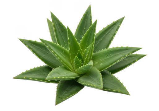 Closeup view of a vibrant green aloe vera plant with spiky leaves isolated on transparent background