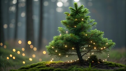 Enchanting small evergreen tree adorned with glowing fairy lights in a misty forest setting creating a magical winter wonderland atmosphere
