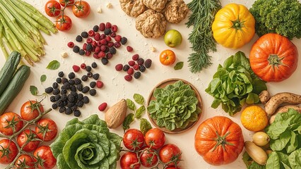 Fresh vegetables and berries arranged on a light background, including tomatoes, cucumbers, lettuce, pumpkins, and assorted berries and herbs.