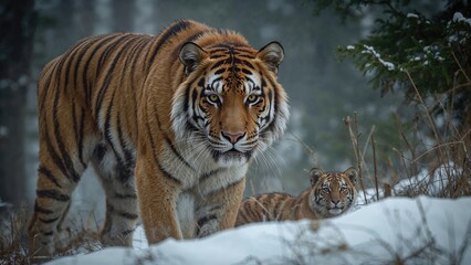 A tiger and a cub in the snow in the forest. Wildlife and animals, nature, conservation. The concept of big cats and wildlife habitat.