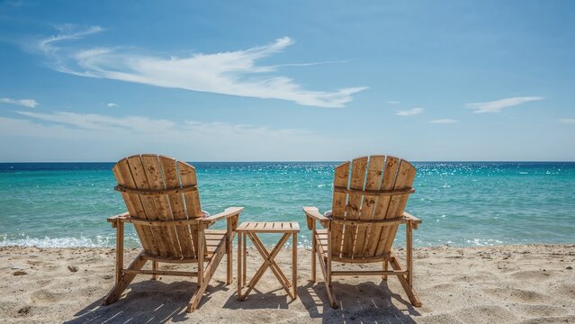 Beach scene with two wooden chairs and a table facing the ocean under a clear blue sky.