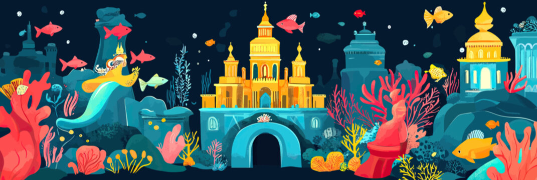 Underwater fantasy mermaid kingdom with vibrant coral reefs colorful fish golden palace and statues in flat minimalist vector style illustration