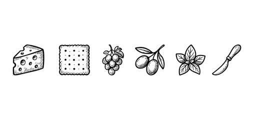 Hand drawn icons of cheese, cracker, grapes, olives, basil and knife for food presentation and menus, perfect for culinary themes and recipe inspiration.