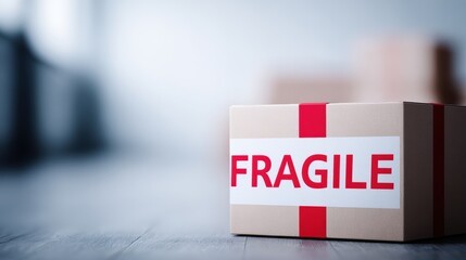 Cardboard box labeled fragile, placed on wooden floor in a spacious room, symbolizing the process of moving house and the care needed for delicate items